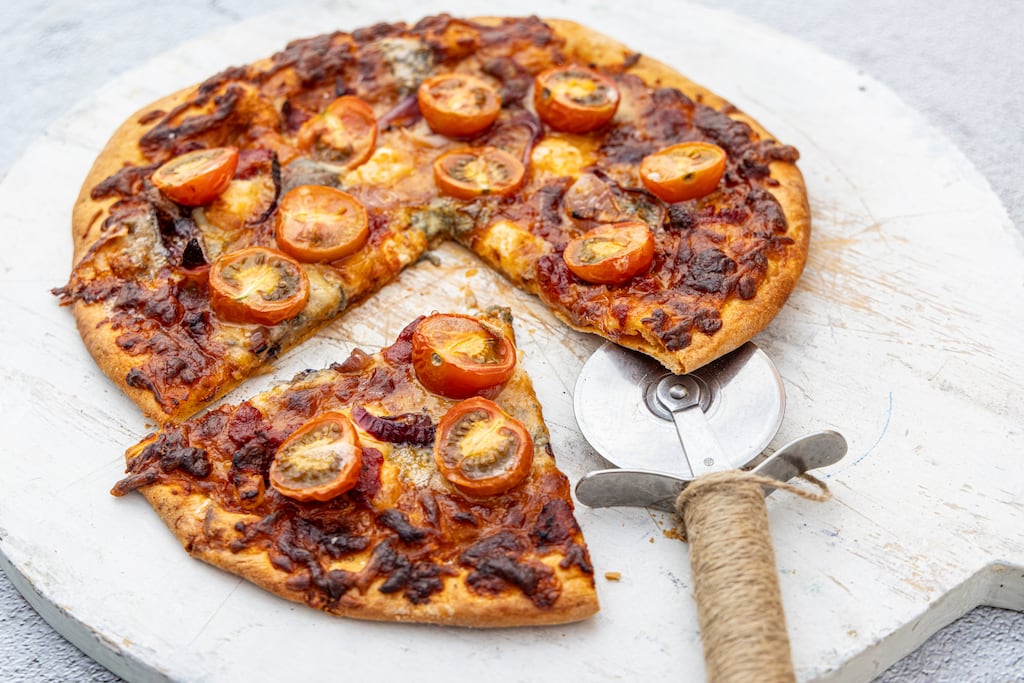 Gluten-free pizza with roasted garlic sauce and Gorgonzola. Photograph: Harry Weir