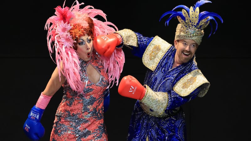 Rob Murphy as panto dame Buffy and Alan Hughes as Sammy Sausages in Aladdin at the National Stadium. Photograph: Nick Bradshaw/The Irish Times