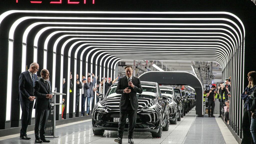Tesla shares fell in afternoon trading after it was confirmed that Twitter had accepted a $44 billion offer from its founder Elon Musk. Photograph: EPA/CHRISTIAN MARQUARDT / POOL