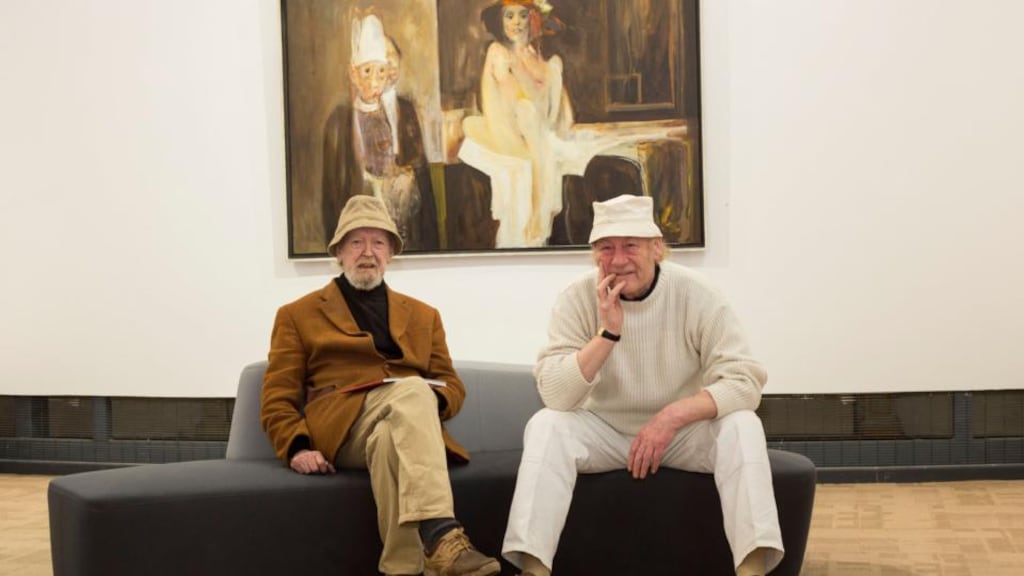 Pride of place: artists Jack Donovan and John Shinnors in front of Donovan’s Suzannah and the Elders (1975) at the ‘Personal Choice’ exhibition. Photograph: Alan Place.