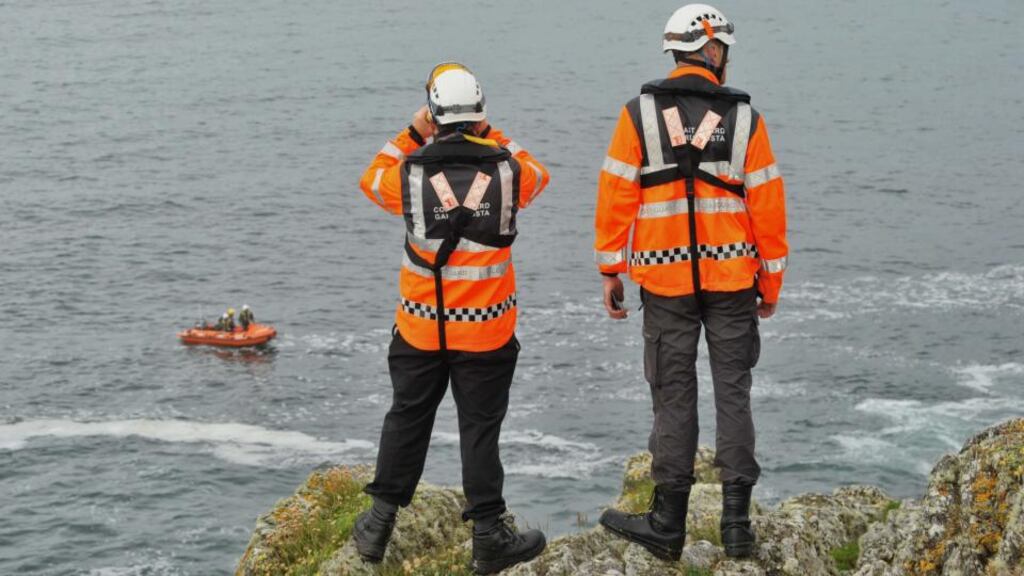 Irish Coastguard and the RNLI pictured off the Beacon in Baltimore, Co Cork, where the search for a Barry Davis Ryan who went missing while coming to the aid of his girlfriend on Tuesday is continuing. Photograph: Daragh Mc Sweeney/Provision.
