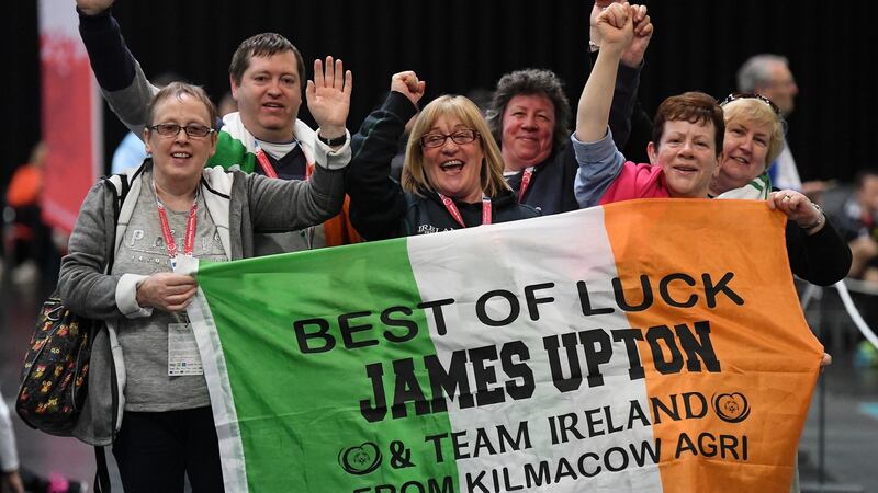 Left to right: Maria Brien, Anthony Healy, Anita Quinlan, Antoinette Healy, Margaret Upton and Kay Bloomfield, from Passage and Waterford city show their support at the 2017 Special Olympics World Winter Games in the Messe Graz Center, Graz, Austria. Photograph: Ray McManus/Sportsfile