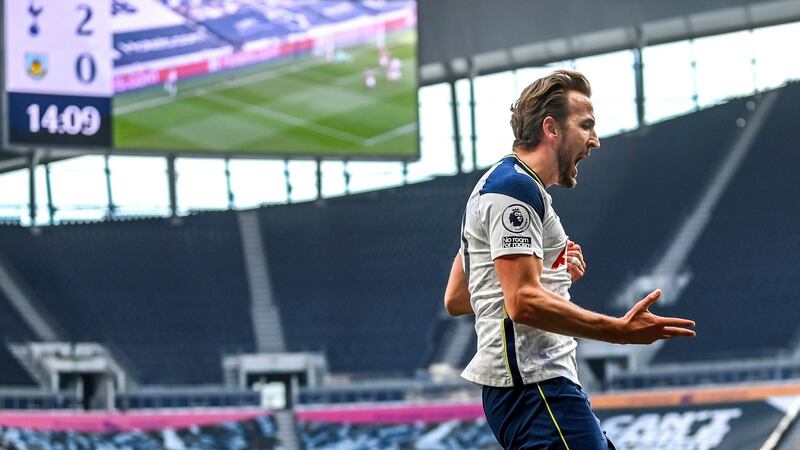 Harry Kane celebrates after scoring Tottenham’s second against Burnley. Photograph: Daniel Leal/EPA