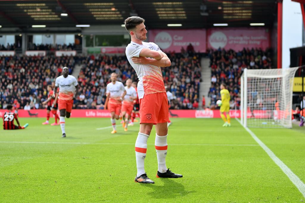 Declan Rice celebrates after scoring his side's third goal during the Premier League match between Bournemouth and West Ham at Vitality Stadium. Photograph: Dan Mullan/Getty Images