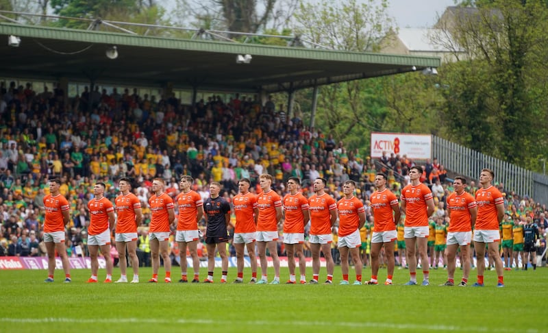 The Armagh team stand for the national anthem ahead of the 2024 Ulster final against Donegal. Photograph: Leah Scholes/Inpho