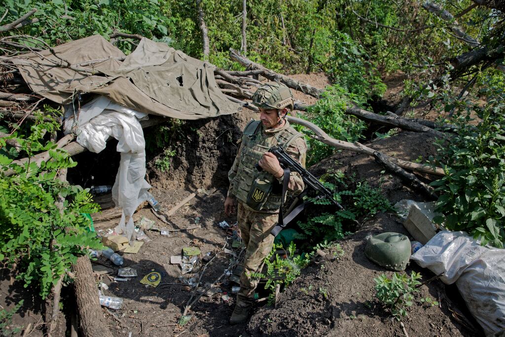 Ukrainian marines on patrol in former Russian positions outside the village of Makarivka, in the Zaporizhzhia region of southern Ukraine. Photograph: Tyler Hicks/The New York Times