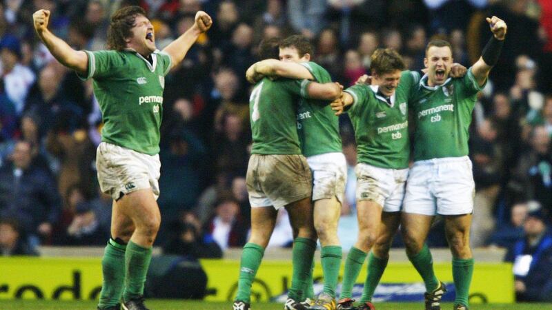 Shane Byrne celebrates Ireland’s win at Twickenham in 2004. Photo: Shaun Botterill/Getty Images
