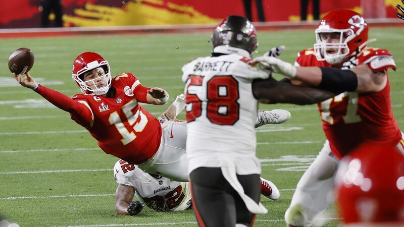 Kansas City Chiefs quarterback Patrick Mahomes manages to get an incomplete pass off to avoid a sack by the Tampa Bay Buccaneers in the fourth quarter of the Super Bowl. Photograph: CJ Gunther/EPA