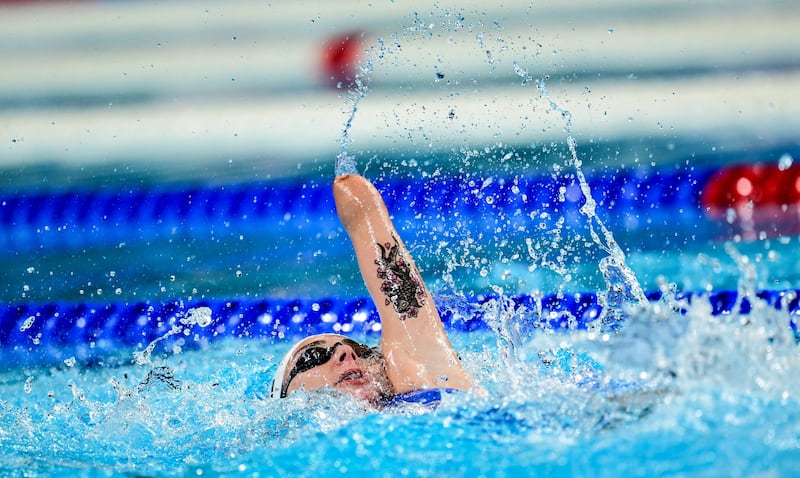 Ellen Keane in action during the women's S9 100m backstroke heats on day six of the Paris 2024 Paralympic Games at La Defense Arena in Paris, France. Photograph: Ramsey Cardy/Sportsfile