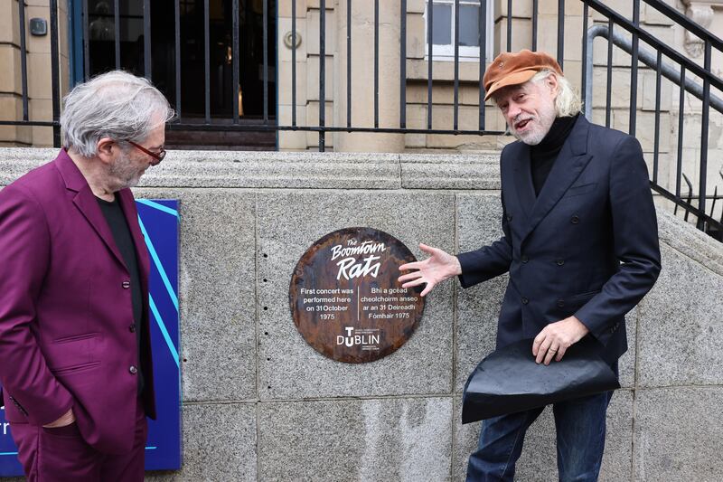 Bob Geldof and Pete Briquette of The Boomtown Rats unveil a plaque to mark the band’s first ever concert on 31st October 1975 at what is now TU Dublin, at Bolton Street, Dublin. Photograph: Dara Mac Dónaill