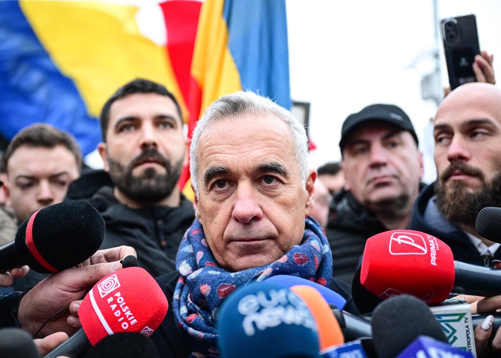 Far-right presidential candidate Calin Georgescu speaks to the media following the annulment of the Romanian presidential election, after a spate of intelligence documents claiming "massive" social media promotion and cyber attacks by Russia. Photograph: Daniel Mihailescu/AFP via Getty Images