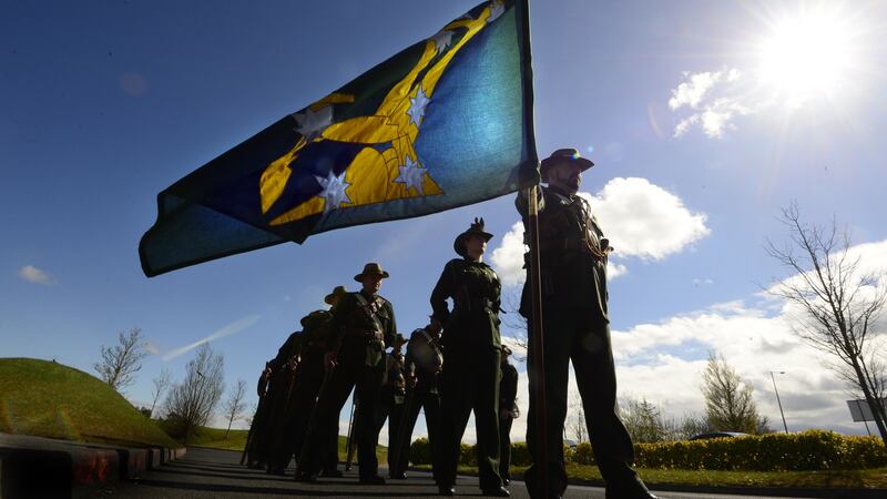 Members of the Irish Citizen Army re-enactment group march to mark the Battle of Ashbourne. Photograph: Cyril Byrne