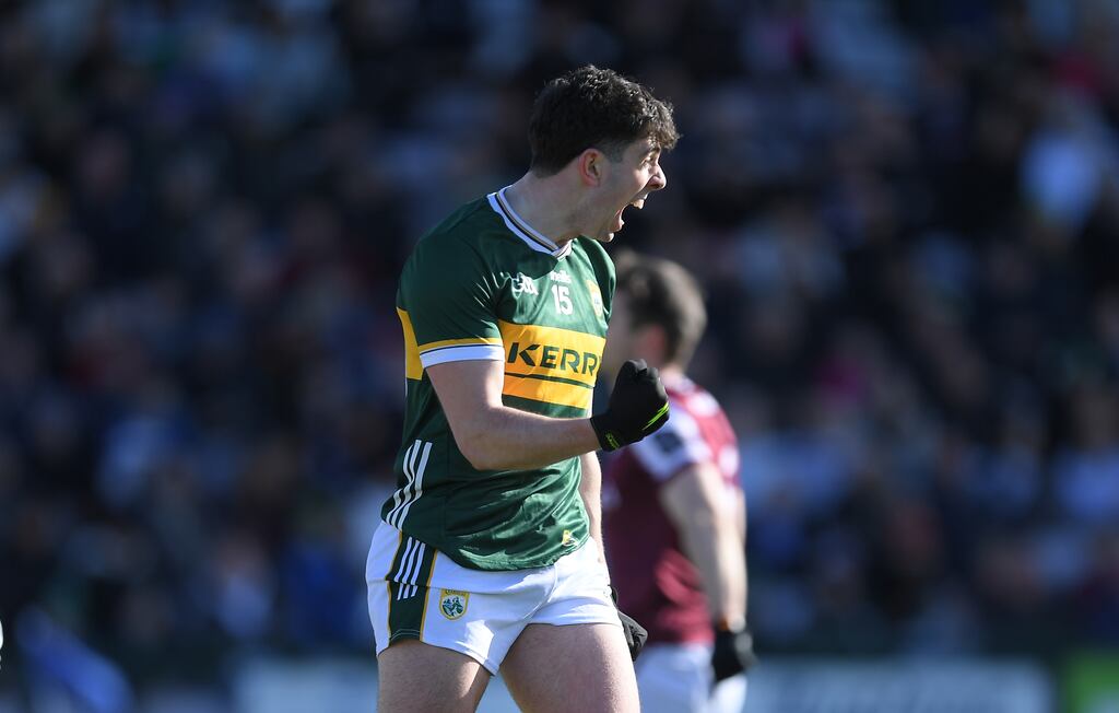 Kerry’s Dylan Geaney celebrates scoring his side’s second goal during the Allianz Football League Division One game against Galway at Pearse Stadium. Photograph: Tommy Grealy/Inpho