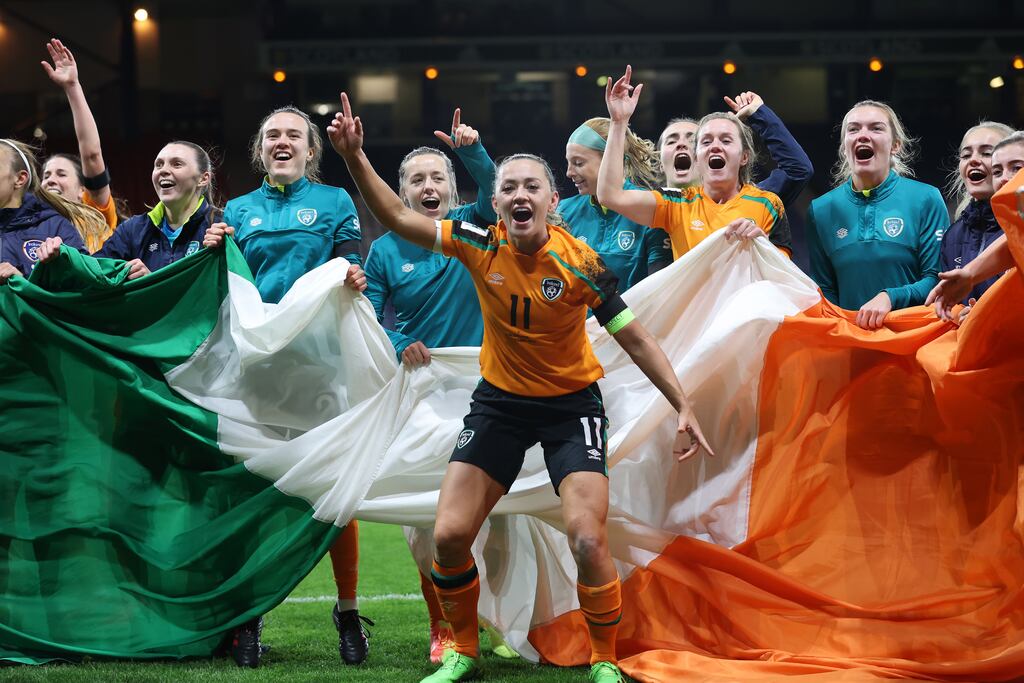 Ireland players celebrate qualifying for a maiden World Cup. Photograph: Ian MacNicol/Getty Images