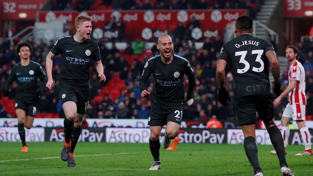 Manchester City’s David Silva celebrates scoring his second goal on Monday night. Photograph: Reuters