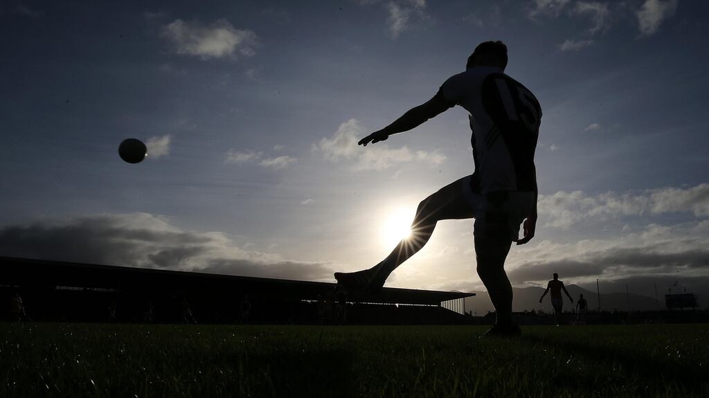Conor Keane of Killarney Legion takes a free during the Kerry SFC final replay against South Kerry in November 2015. Photograph: Donall Farmer/Inpho