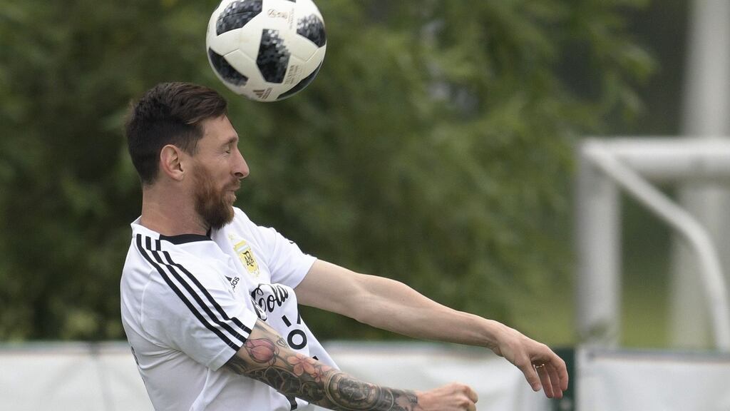 Argentina’s Lionel Messi taking part in a training session at the team’s  camp near Moscow. Photograph: Getty Images