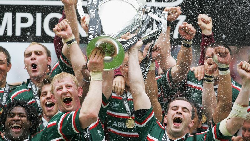 Leo Cullen lifts the Premiership trophywith Leicester. Photograph: Inpho