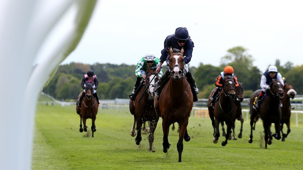 Anthony Van Dyck and Ryan Moore take the Derby Trial Stakes at Lingfield. Photograph: Steven Paston/PA