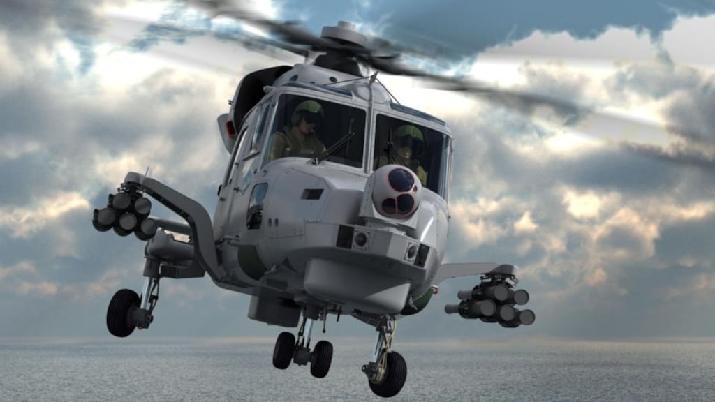 CGI image showing how a Royal Navy Wildcat helicopter fitted with future anti-surface guided weapons light missiles may look. Photograph: Thales/PA Wire