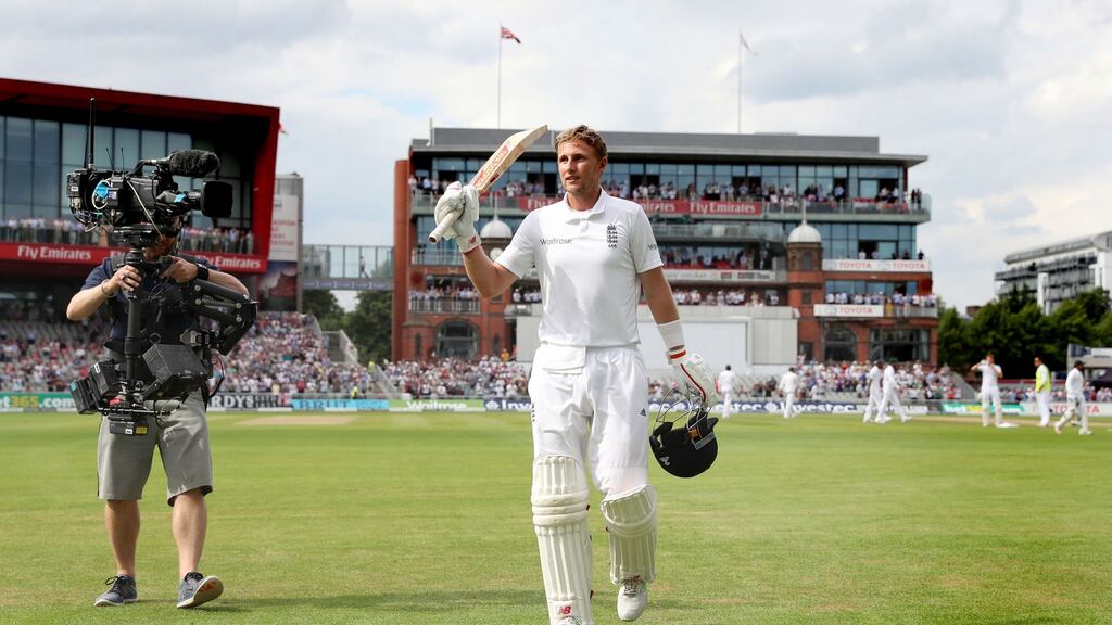 England’s Joe Root leaves the pitch after being caught out on 254 against Pakistan, during day two of the Second Investec Test match at Old Trafford, Manchester. Photograph: PA