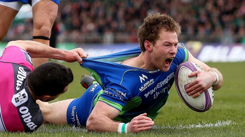 Kieran Marmion celebrates his try. Photograph: Tommy Dickson/Inpho