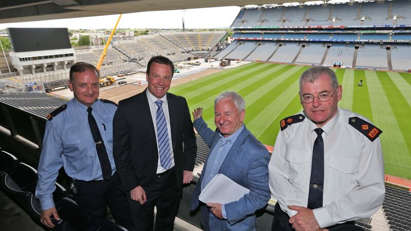 Insp Tony Gallagher, Mountjoy Garda station; Alan Gallagher, head of operations, Croke Park; Jim Clarke of Aiken Promotions and Supt Daniel Flavin of Mountjoy Garda station at a press conference at Croke Park on security and traffic arrangements for the weekend’s Bruce Springsteen and The E Street band concerts at Croke Park. Photograph: Colin Keegan/Collins Dublin
