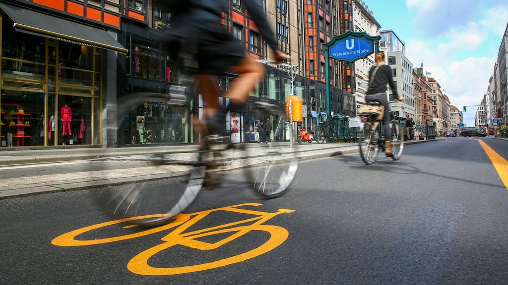 Cyclists ride through a five-block stretch of Friedrichstrasse that has been sealed off to motorists  in Berlin. Photograph: Omer Messinger/Getty Images