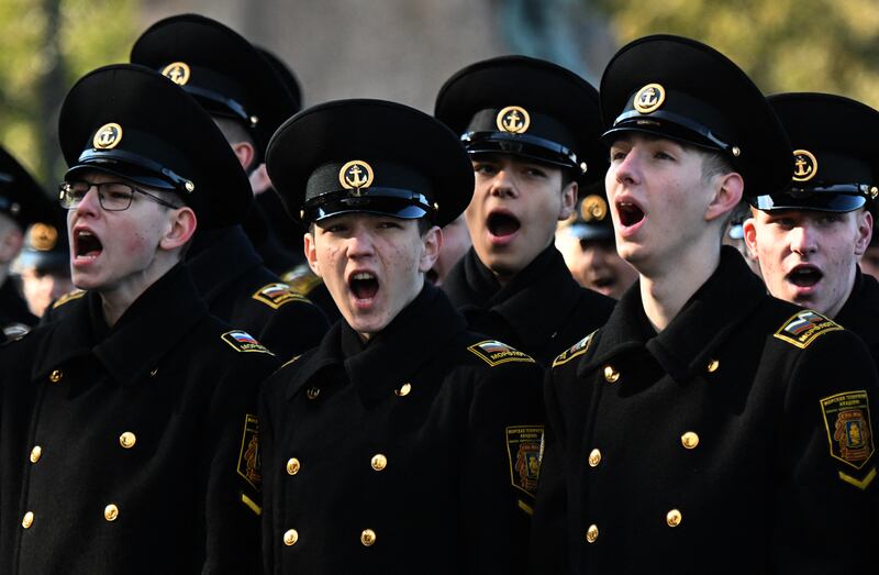 Cadets attend a ceremony to take an oath in the Russian naval base of Kronstadt on an island off the Baltic coast near Saint Petersburg on October 3rd, 2025. Photograph: Olga Maltseva/ AFP via Getty Images