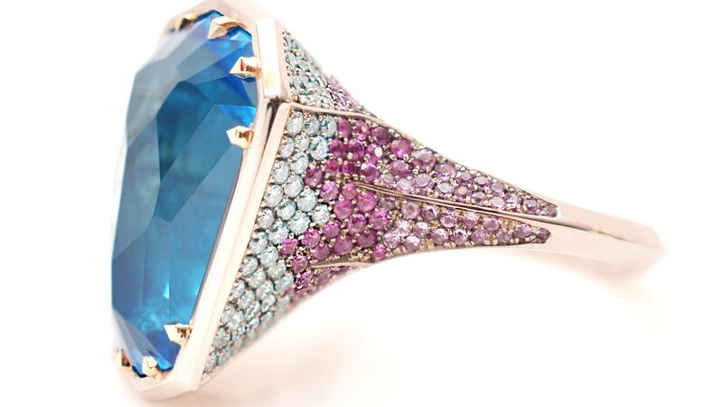 La Dame Bleue-13.28ct Swiss Blue Topaz Ring by Nigel O'Reily Goldsmith