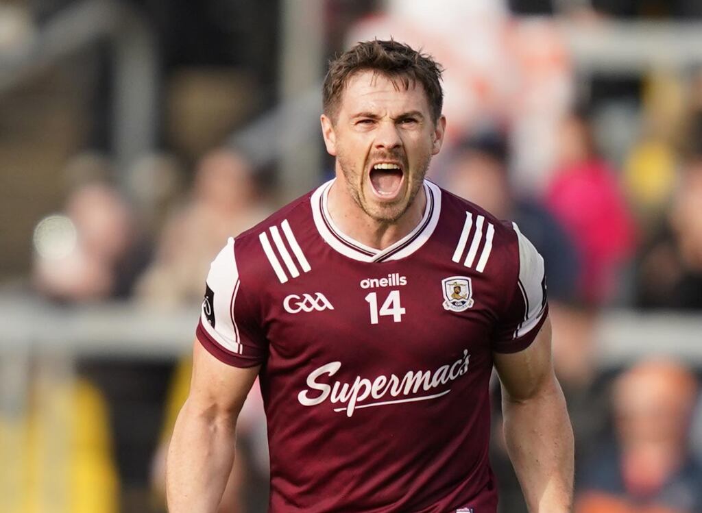 Galway's Shane Walsh celebrates after kicking the winning score. Photograph: James Lawlor/Inpho