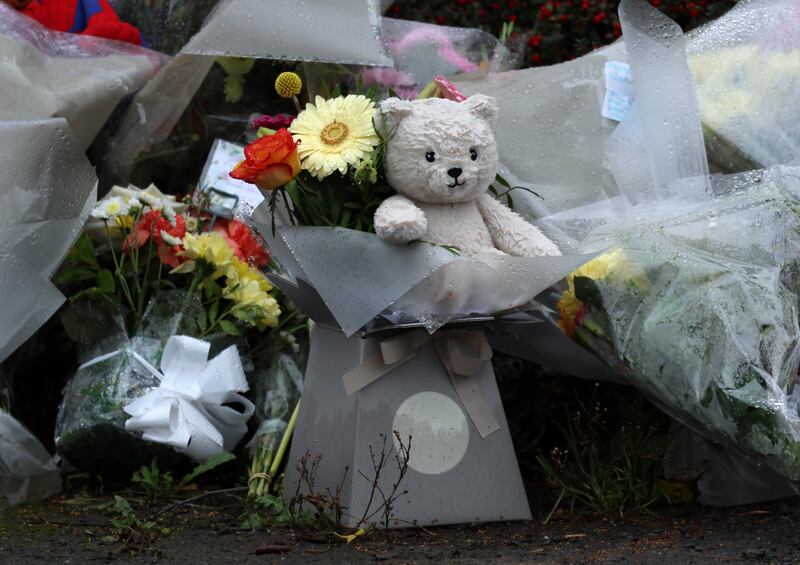 Soft toys and floral tributes at the entrance to the scene in Donabate, where the suspected remains of Daniel Aruebose were found. Photograph: Colin Keegan/ Collins