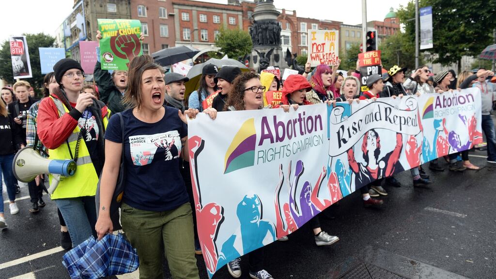 Abortion rights campaigners pass along the quays as part last year’s March for Choice. The 2017 event takes place in Dublin on Saturday. Photograph: Eric Luke
