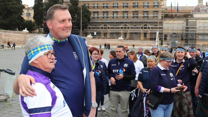 Weir poses with Scotland fans at Piazza del Popolo before this year’s Six Nations match between Scotland and Italy. Photo: Warren Little/Getty Images