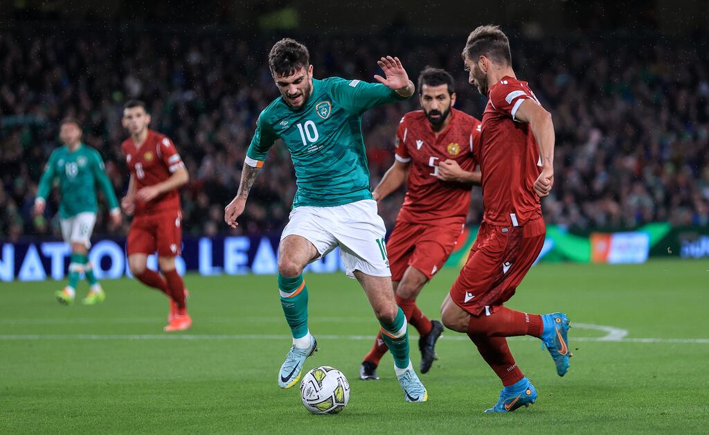 Troy Parrott in action for Ireland against Namibia last month. Photograph: James Crombie/Inpho