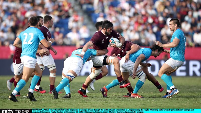 Beka Saginadze is tackled during Georgia’s win over Uruguay. Photogtaph: Cameron Spencer/Getty