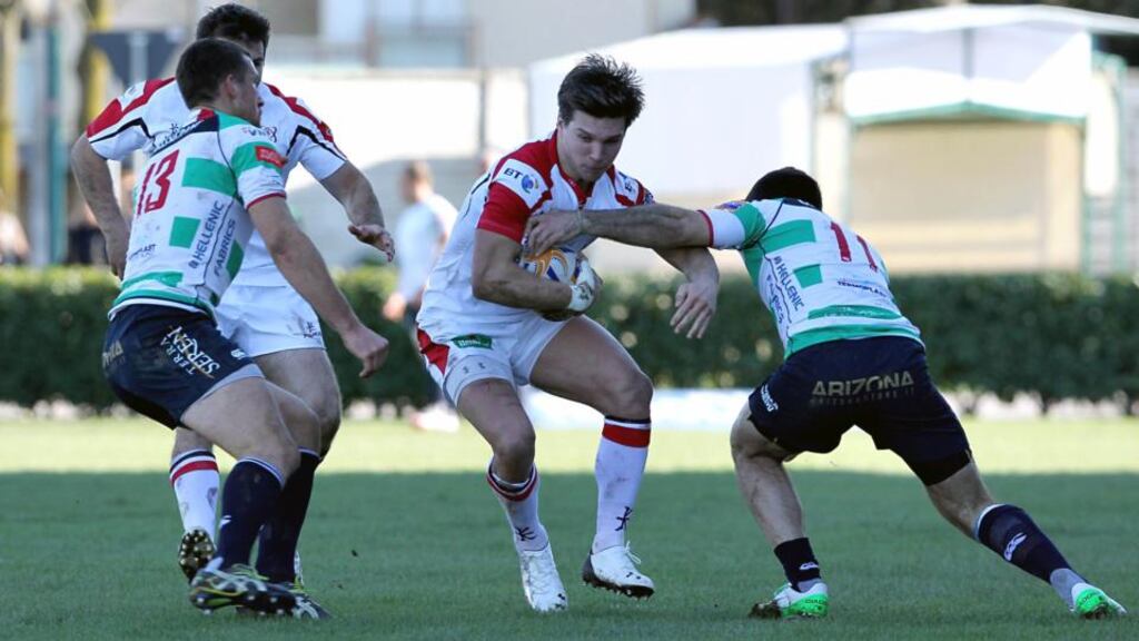 Ulster’s Michael Allen is tackled by Andrea Pratichetti of Treviso at Stadio Monigo. Photograph: Matteo Ciambelli/Inpho