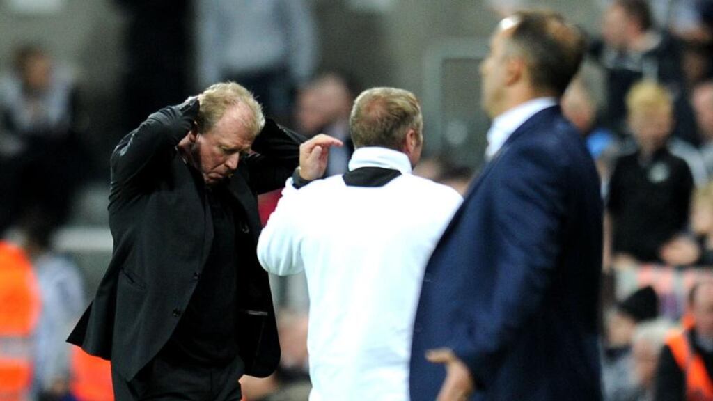 Newcastle United manager Steve McClaren looks dejected as his side lose out to Sheffield Wednesday in the Capital One Cup third round. Photo: Owen Humphreys/Getty Images