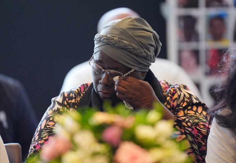 Betty Mendy, the sister of Mary Mendy who died with her daughter Khadija Saye in the Grenfell fire,  during a press conference given by  families of 34 of the 72 people killed in the Grenfell Tower Fire in 2017. Photorgaph: Yui Mok/PA Wire