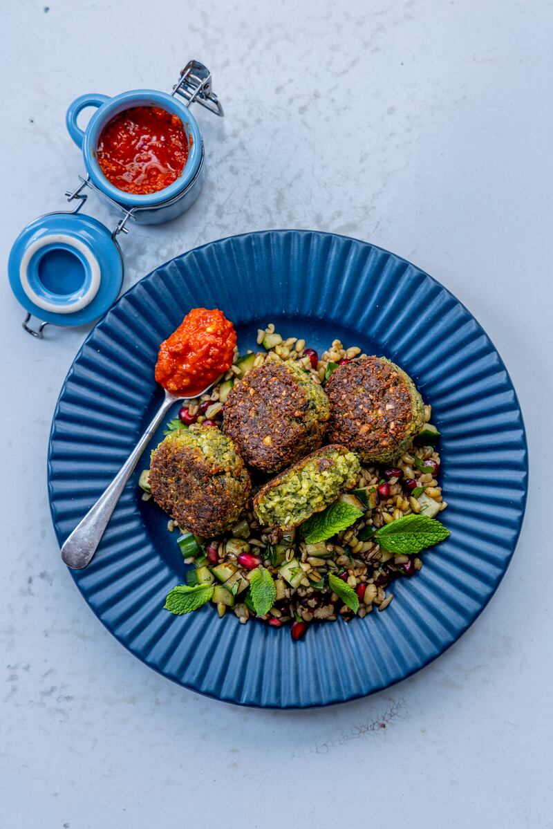Falafel with harissa jam and frekah salad. Photograph: Harry Weir