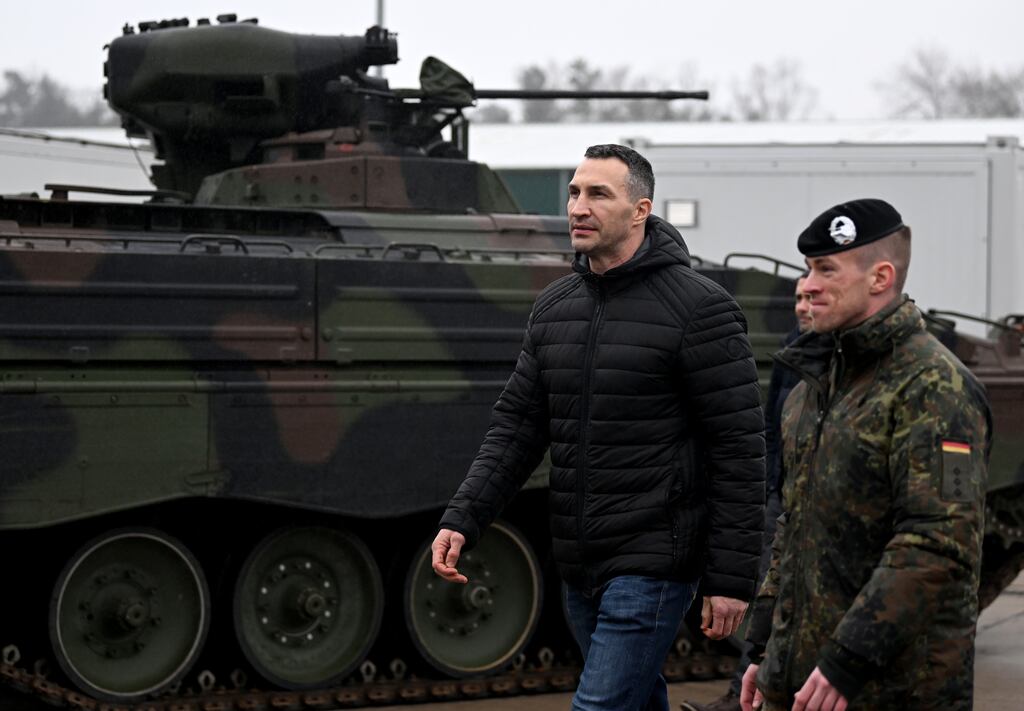 Mayor of Kyiv Vitali Klitschko (L) said falling debris from the drone attack killed a 41-year-old man in Ukraine capital on Sunday. File photograph: Filip Singer/EPA