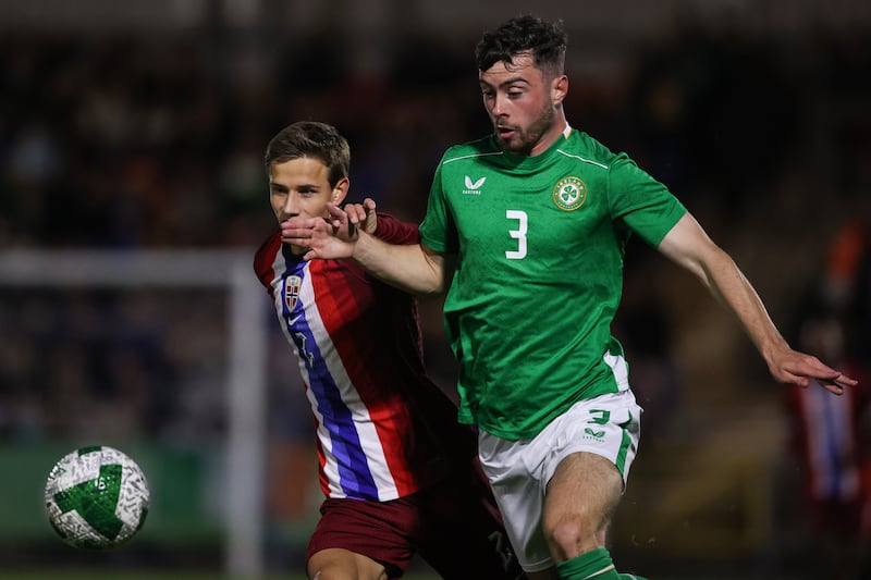Ireland's Seán Roughan in action against Norway's Oliver Braude. Photograph: Ben Brady/Inpho