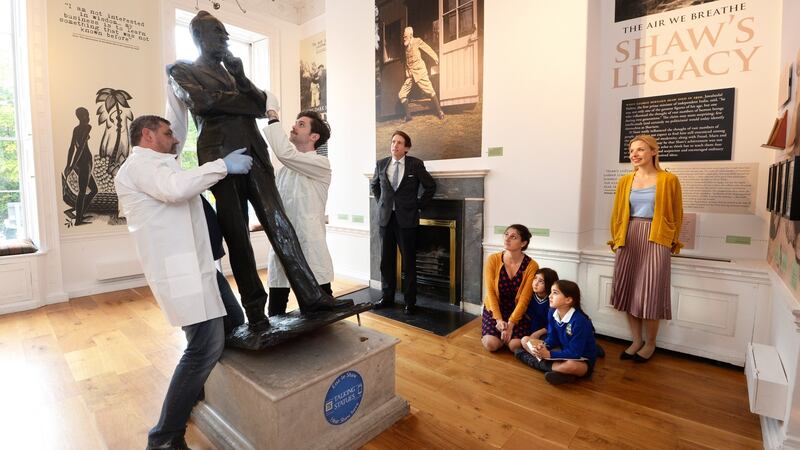 Putting the George Bernard Shaw statue in place for the launch of an exhibition and book, Judging Shaw by Fintan O’Toole in October 2017. Photograph: Cyril Byrne