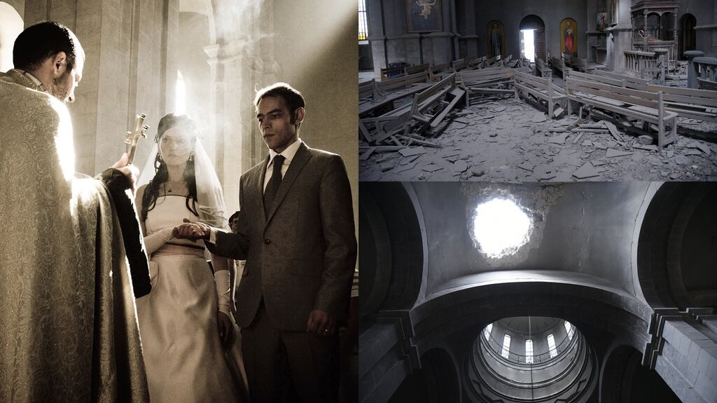 Aram Hakhumyan on his wedding day in 2010 at the Ghazanchetsots Cathedral in Nagorno-Karabakh, and recent images of the damage to the church  during the ongoing regional conflict