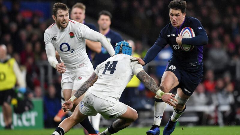 Sam Johnson of Scotland breaks through to score his team’s sixth try at Twickenham. Photo: Shaun Botterill/Getty Images