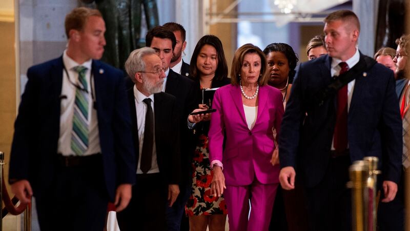 House Speaker Nancy Pelosi (Centre) brought the motion before the House to condemn the “racist comments that have legitimised fear and hatred of new Americans and people of colour”. Photograph: by Andrew Caballero-Reynolds/AFP/Getty Images