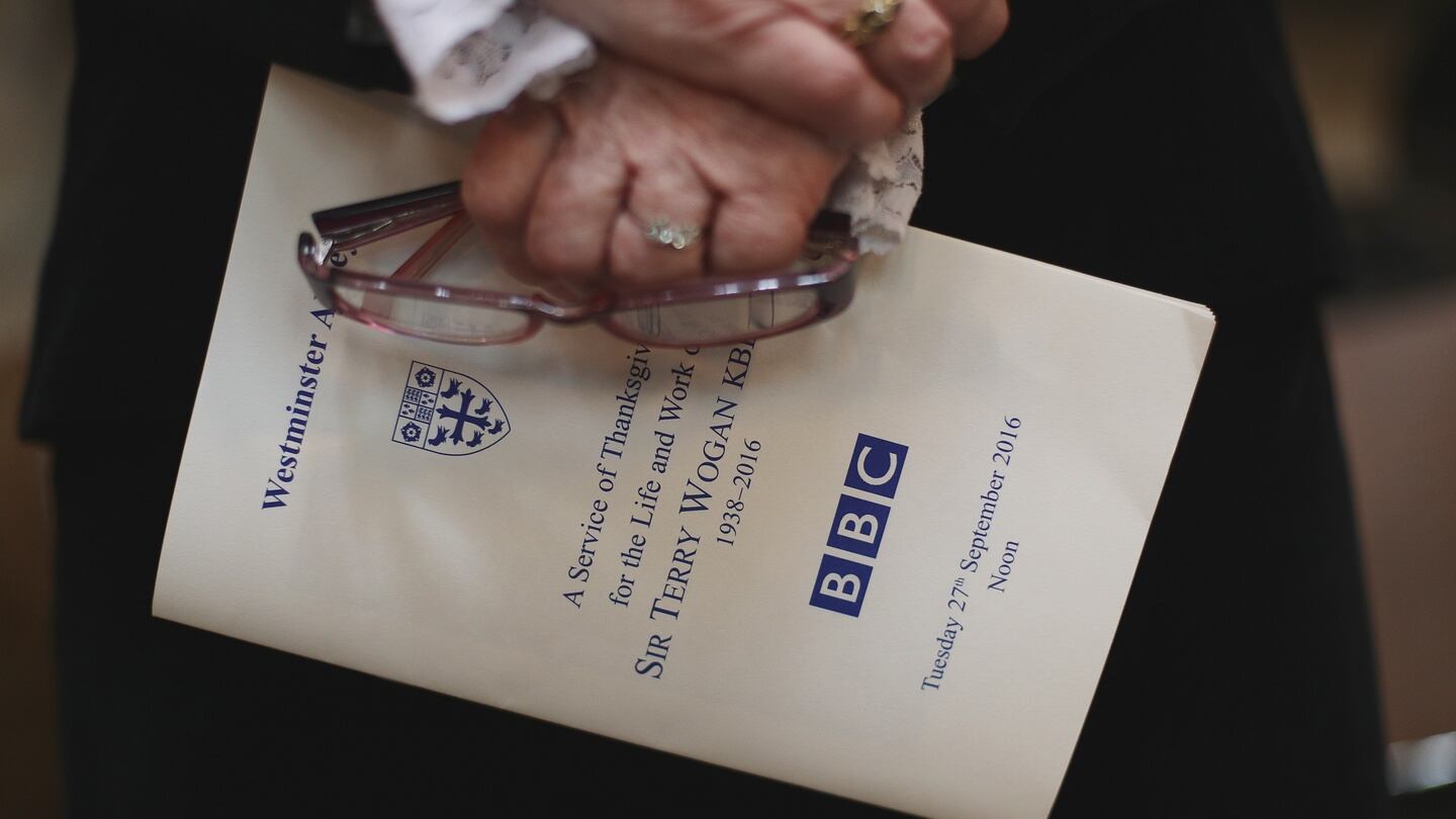 An order of service during a memorial service for the late Terry Wogan at Westminster Abbey in London. Photograph: Yui Mok - WPA Pool /Getty Images