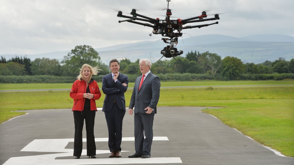 Capt. Julie Garland, chairperson, Unmanned Aircraft Association of Ireland, Paschal O’Donohoe, Minister for Transport, Tourism and Sport and Ralph James, Director of Safety Regulation, Irish Aviation Authority at the inaugural UAAI Open Day ‘Meet the Drones’at Weston Airport, Lucan. Photograph: Alan Betson / The Irish Times