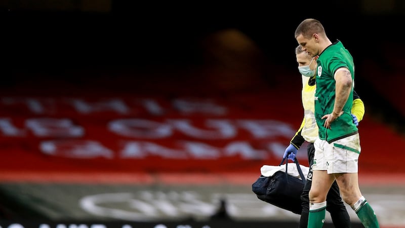 Johnny Sexton leaves the field during Ireland’s defeat to Wales. Photograph: Tommy Dickson/Inpho