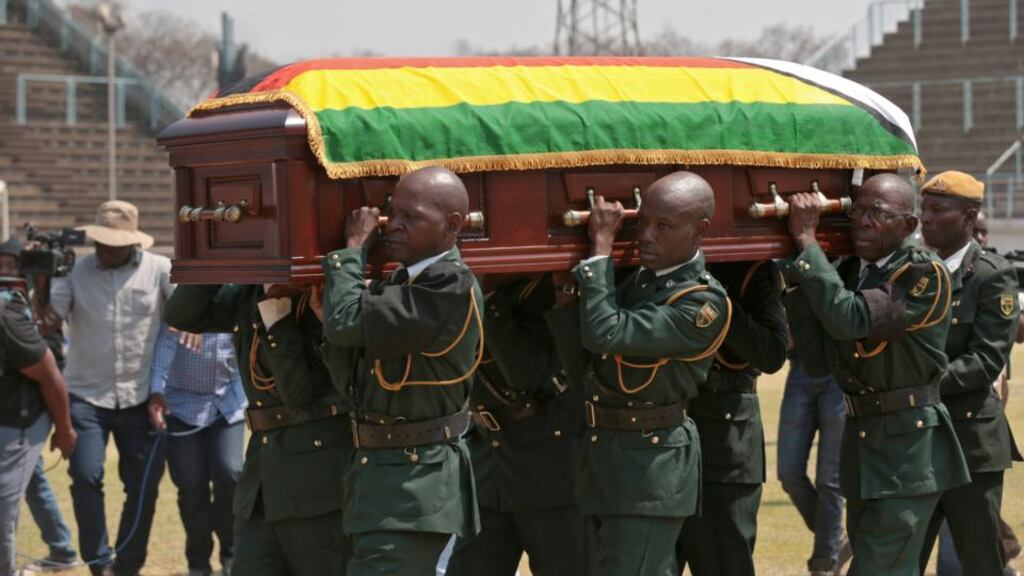 The coffin of late former Zimbabwean president Robert Mugabe is put on display during a public funeral parade in Harare, Zimbabwe on Friday. Photograph: Aaron Ufumeli/EPA